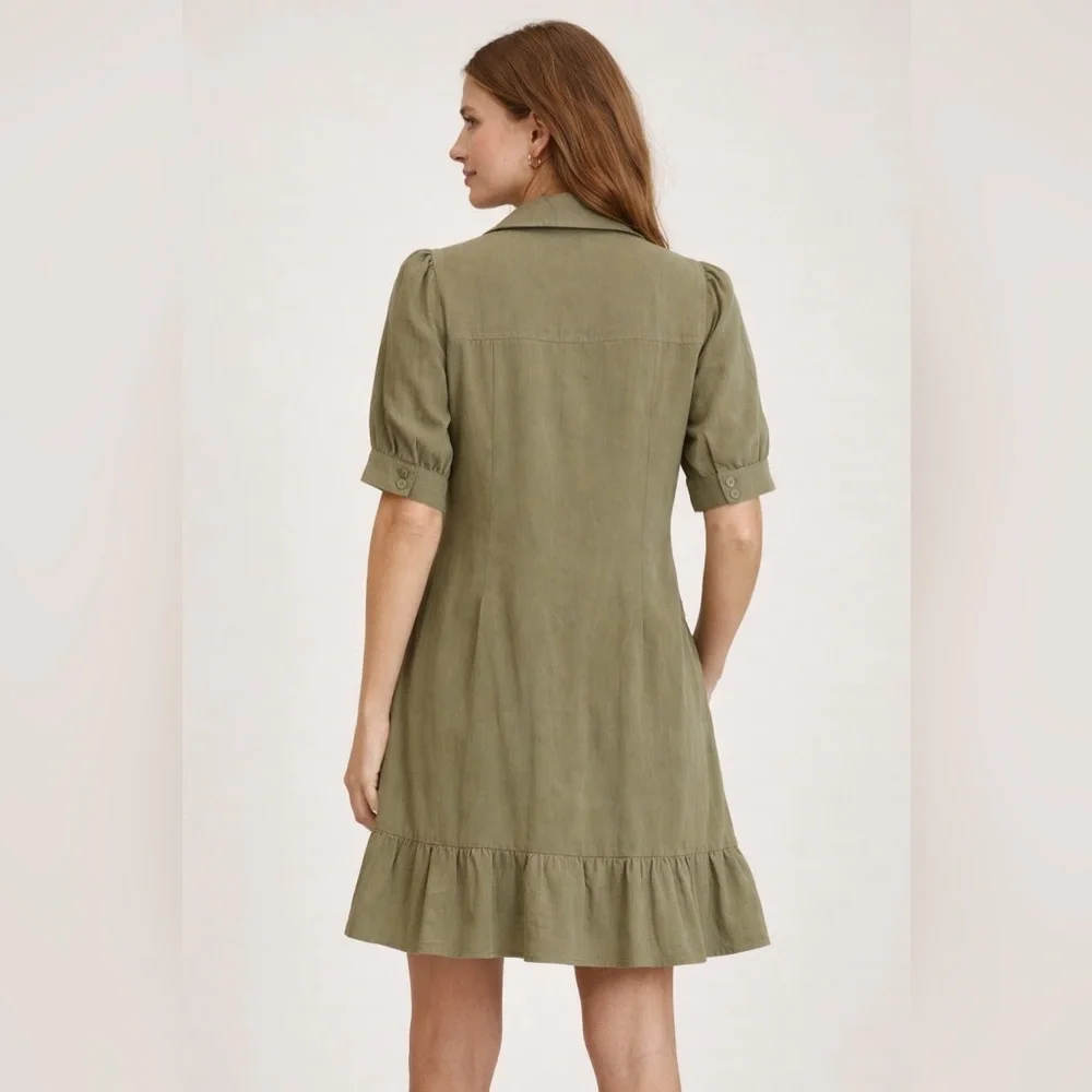 PAIGE Olive Green Ruffle Hem Earthy collared Dress Utility Minimalist Large - Picture 2 of 10